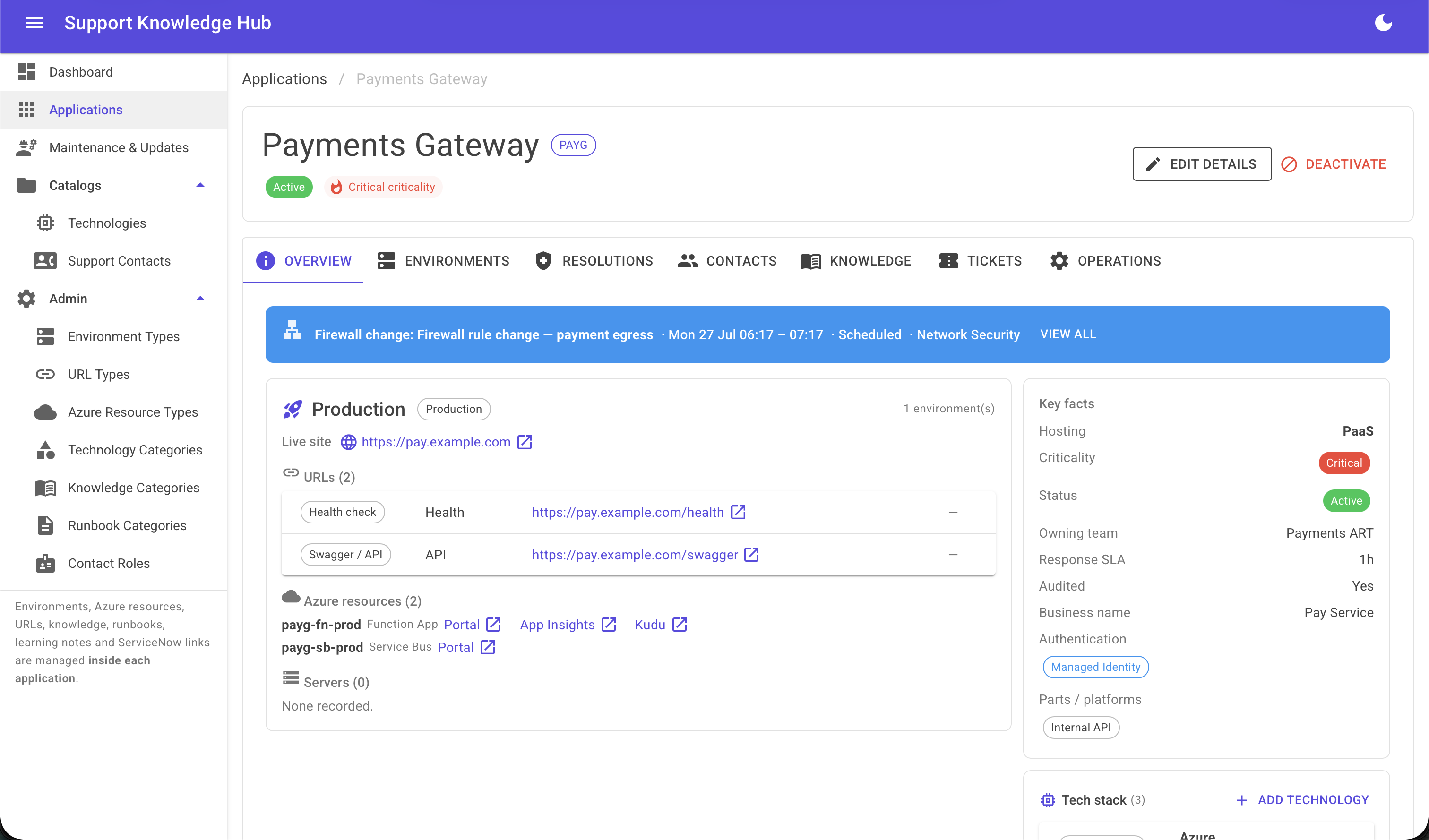 Support Knowledge Hub application detail page showing the Payments Gateway overview tab with production URL, Azure resources, and key facts panel