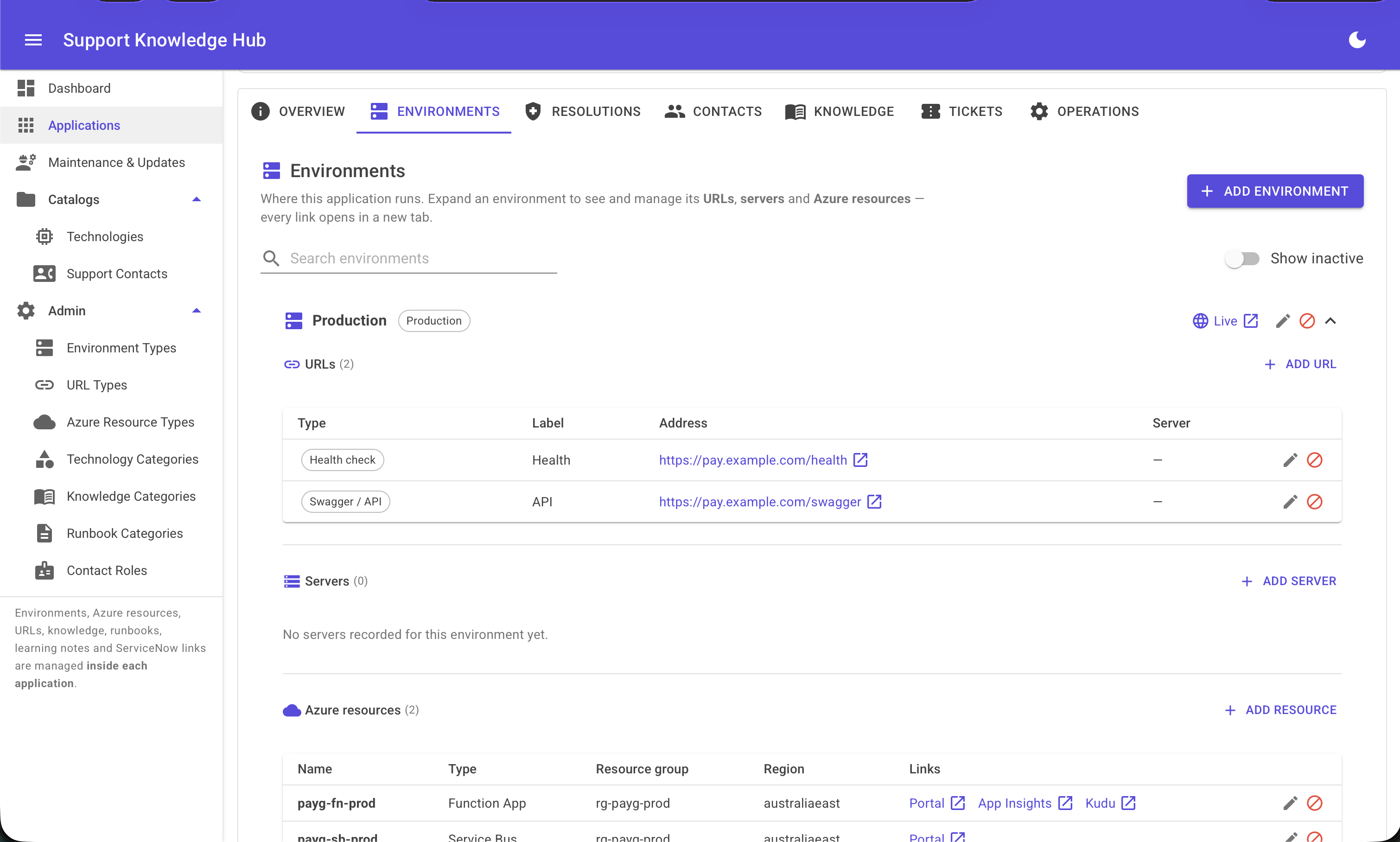 Support Knowledge Hub environments tab showing an expanded Production environment with URLs, servers, and Azure resources