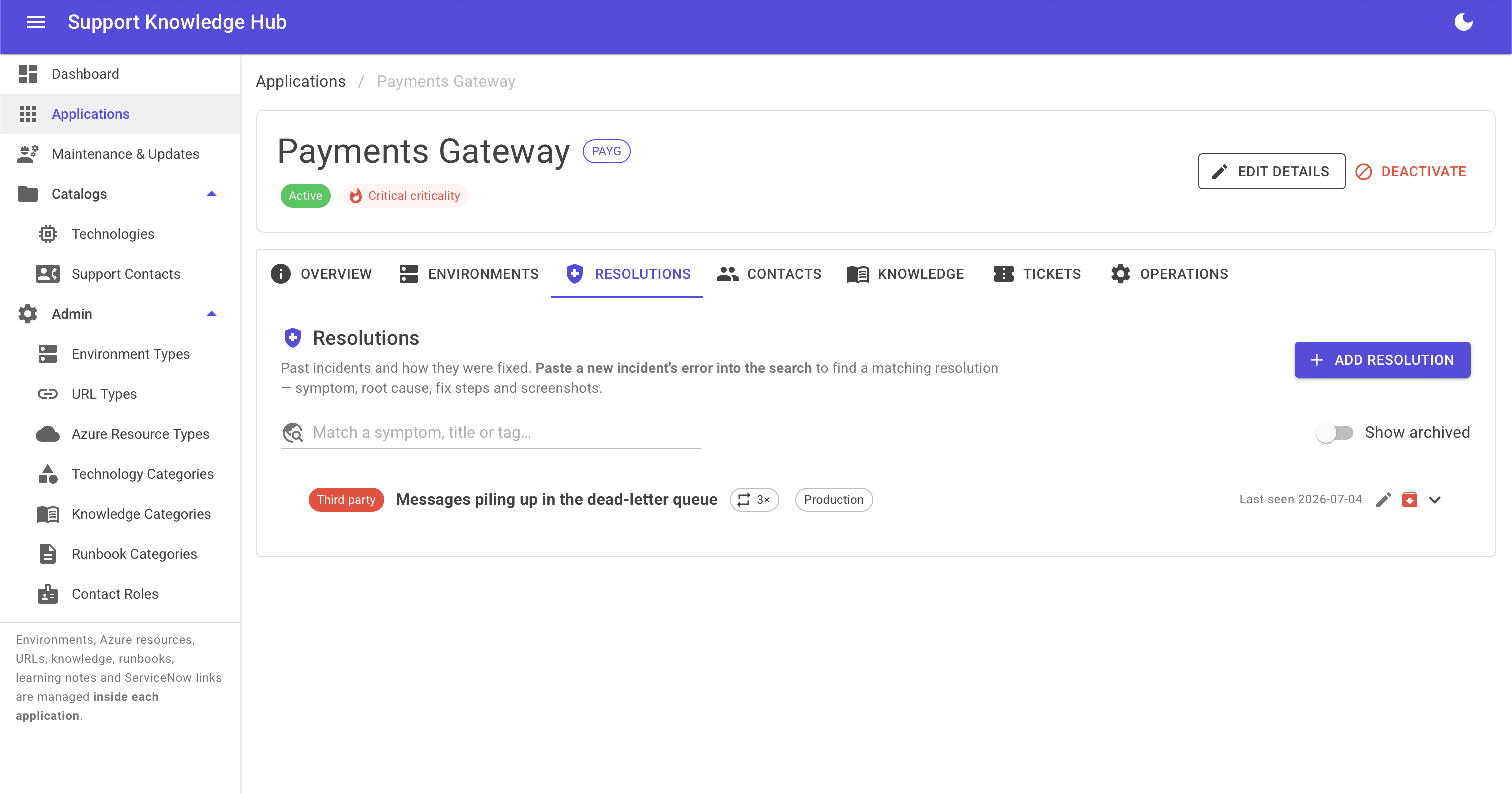 Support Knowledge Hub Resolutions tab showing the symptom search bar and a matched resolution card for a dead-letter queue incident